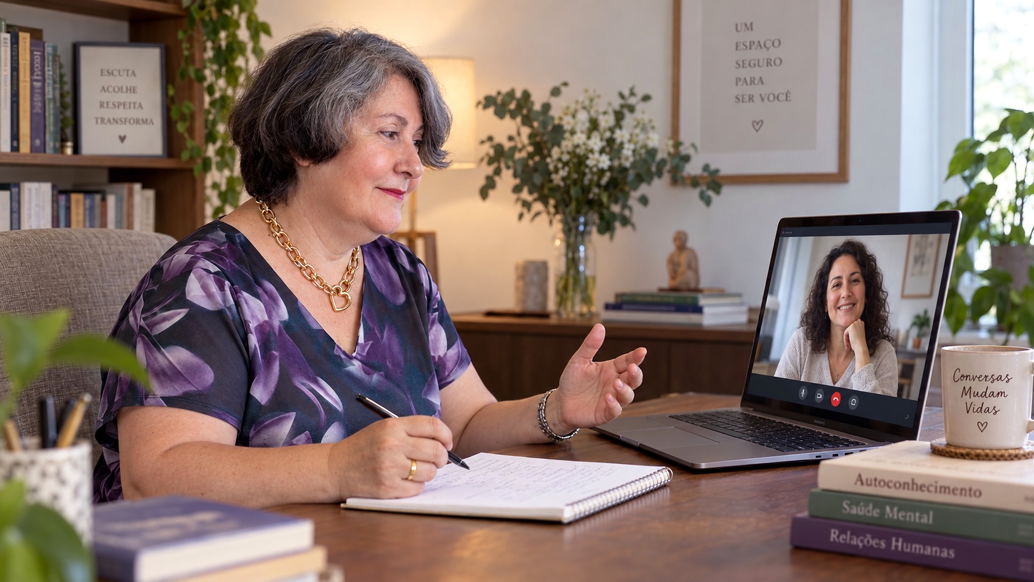 Lubélia de Paula conversando e anotando durante um atendimento online