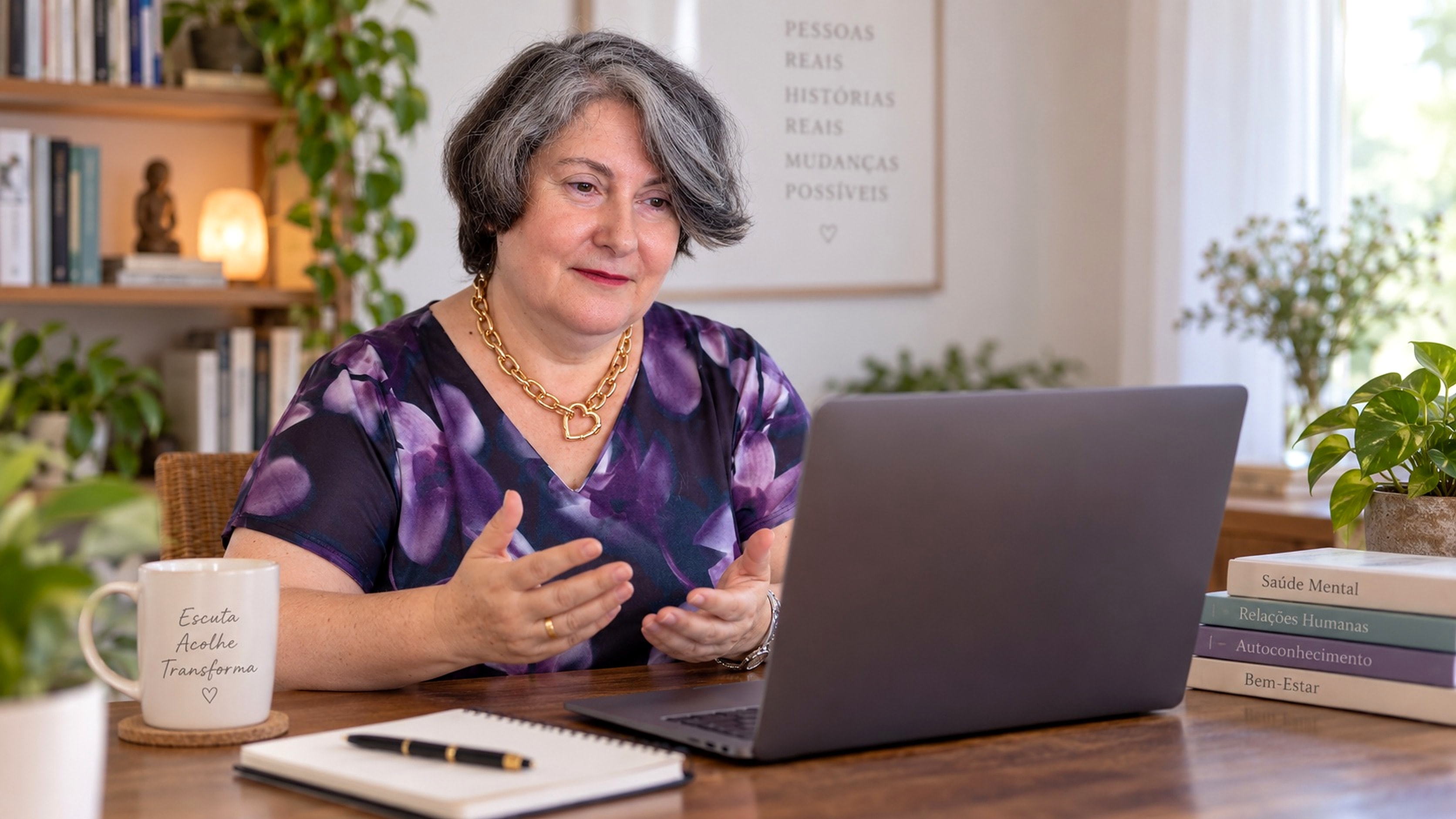 Lubélia de Paula conversando com acolhimento durante uma sessão online